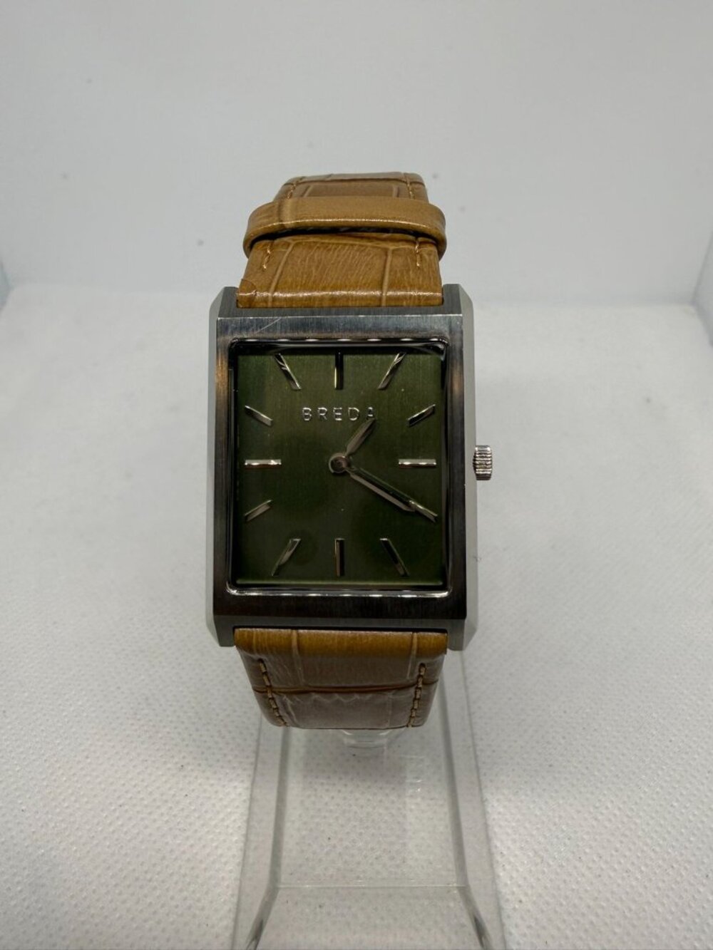 Breda Virgil 1736 Men's Rectangular Silver SS Olive Green Dial Tan Leather Watch